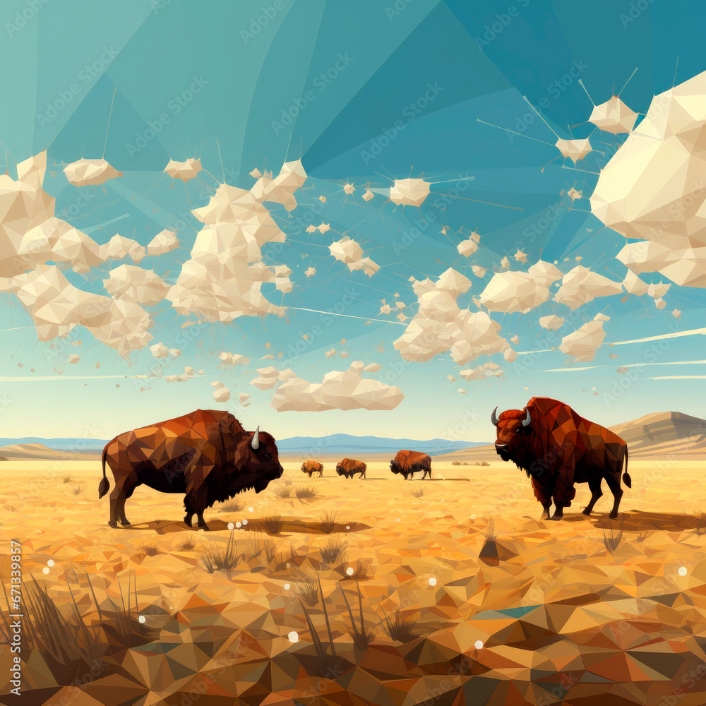 Painting of a herd of Bison on the American Plains
