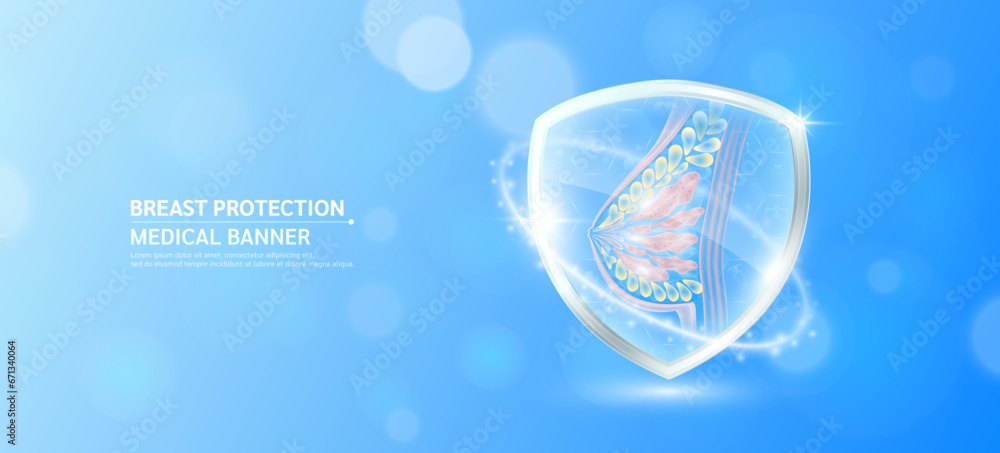 Female breast inside glass shield glowing with medical icon sign symbol on blue bokeh lights background. Medical health care innovation immunity protection. Human anatomy organ translucent. Vector. - obrazy, fototapety, plakaty 