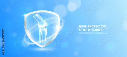 Knee joint bone inside glass shield glowing with medical icon sign symbol on blue bokeh lights background. Human anatomy organ translucent. Medical health care innovation immunity protection. Vector.