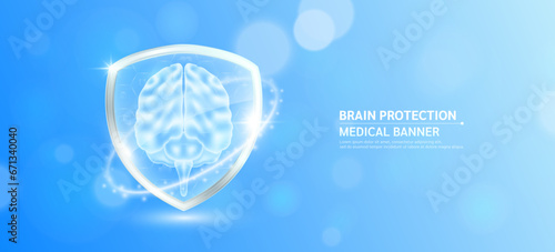 Brain inside glass shield glowing with medical icon sign symbol on blue bokeh lights background. Human anatomy organ translucent. Medical health care innovation immunity protection. Banner vector.