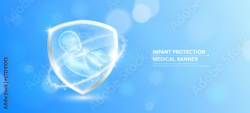 Child infant inside glass shield glowing with medical icon sign symbol on blue bokeh lights background. Human anatomy organ translucent. Medical health care innovation immunity protection. Vector.
