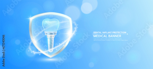 Dental implant inside glass shield glowing with medical icon sign symbol on blue bokeh lights background. Human anatomy organ translucent. Medical health care innovation immunity protection. Vector.