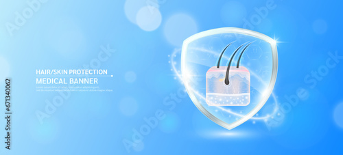Hair skin inside glass shield glowing with medical icon sign symbol on blue bokeh lights background. Medical health care innovation immunity protection. Human anatomy organ translucent. Banner vector.