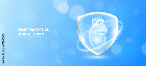 Heart inside glass shield glowing with medical icon sign symbol on blue bokeh lights background. Human anatomy organ translucent. Medical health care innovation immunity protection. Banner vector.