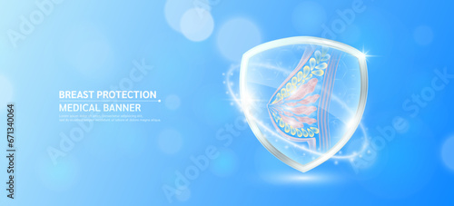 Female breast inside glass shield glowing with medical icon sign symbol on blue bokeh lights background. Medical health care innovation immunity protection. Human anatomy organ translucent. Vector.