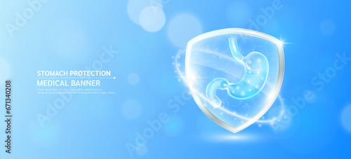 Stomach inside glass shield glowing with medical icon sign symbol on blue bokeh lights background. Medical health care innovation immunity protection. Human anatomy organ translucent. Banner vector.