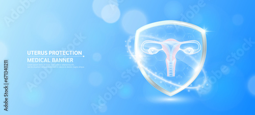 Uterus inside glass shield glowing with medical icon sign symbol on blue bokeh lights background. Medical health care innovation immunity protection. Human anatomy organ translucent. Banner vector. photo