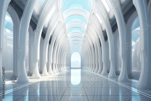 Sleek white hallway with dynamic light patterns, adding a touch of futurism and movement, Generative AI 