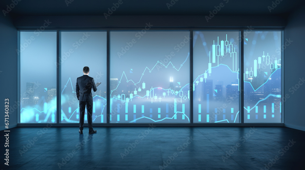 Businessman near panoramic window and night cityscape, forex diagrams and chart. Ai generative Businessman near panoramic window and night cityscape, forex diagrams and chart. Ai generative