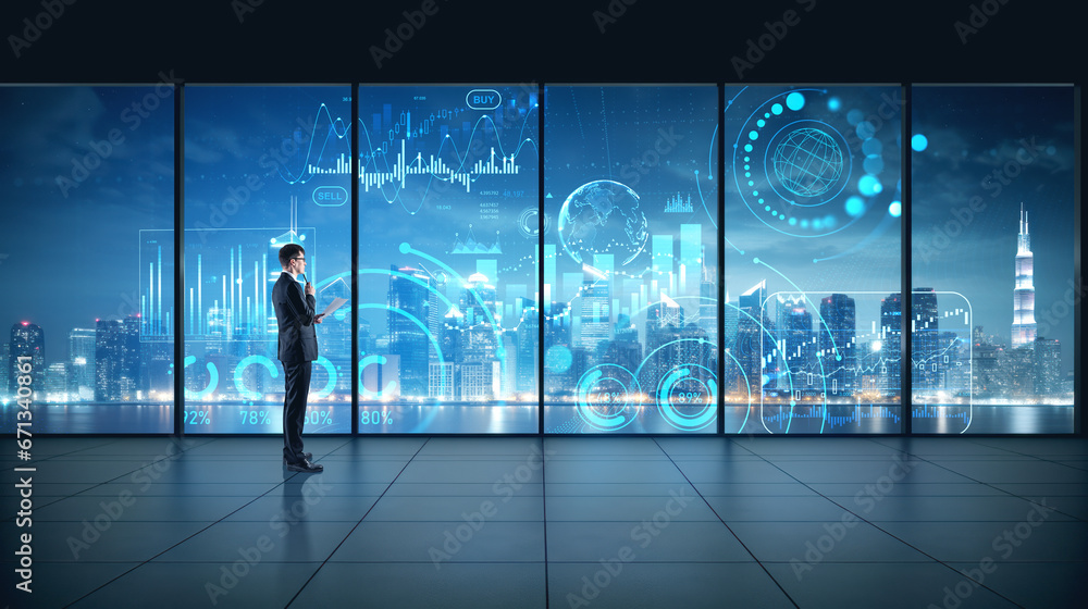 Fototapeta premium Businessman in office near panoramic window, forex chart with dashboard. Ai generative