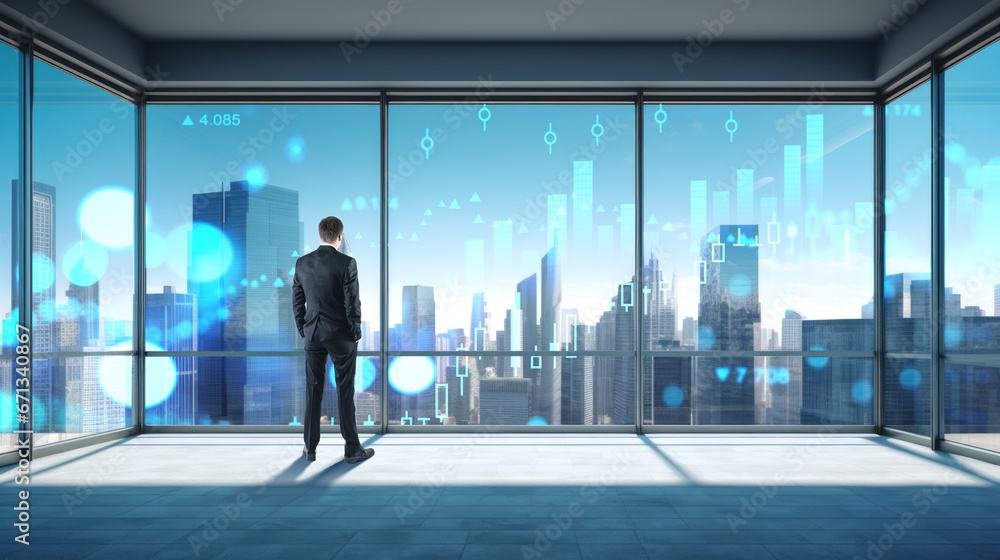 Businessman near panoramic window and cityscape, forex chart and candlesticks. Ai generative