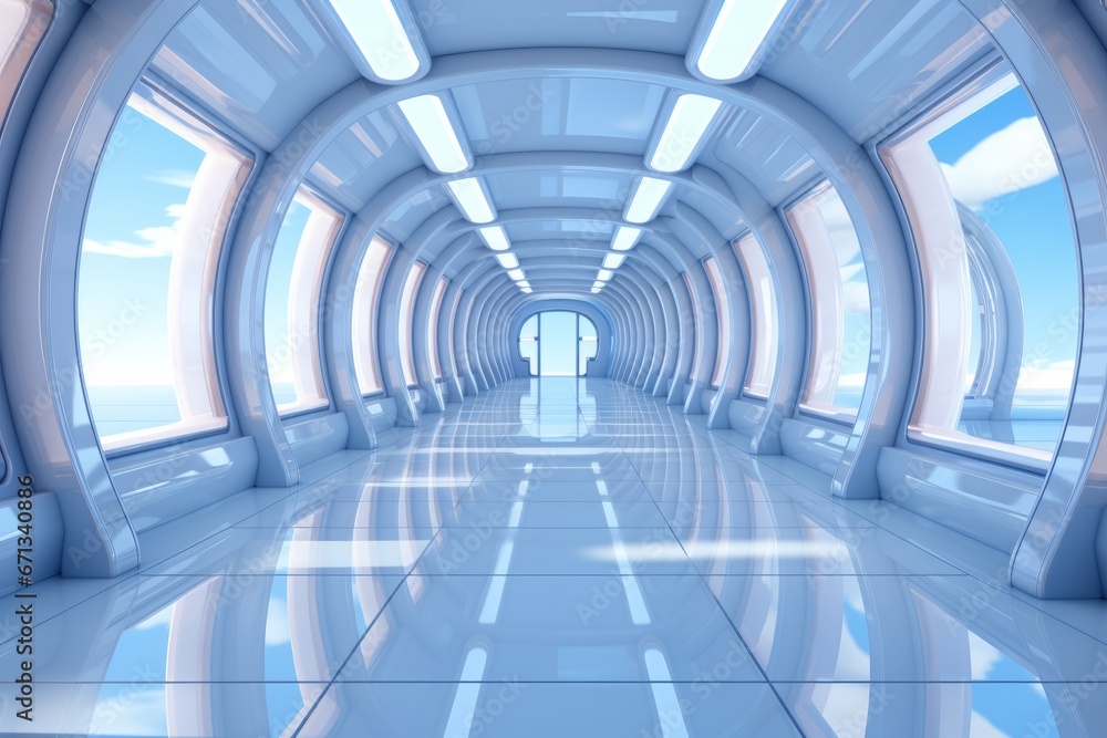 White hallway with interactive digital displays, combining modernity and technology, Generative AI White hallway with interactive digital displays, combining modernity and technology, Generative AI