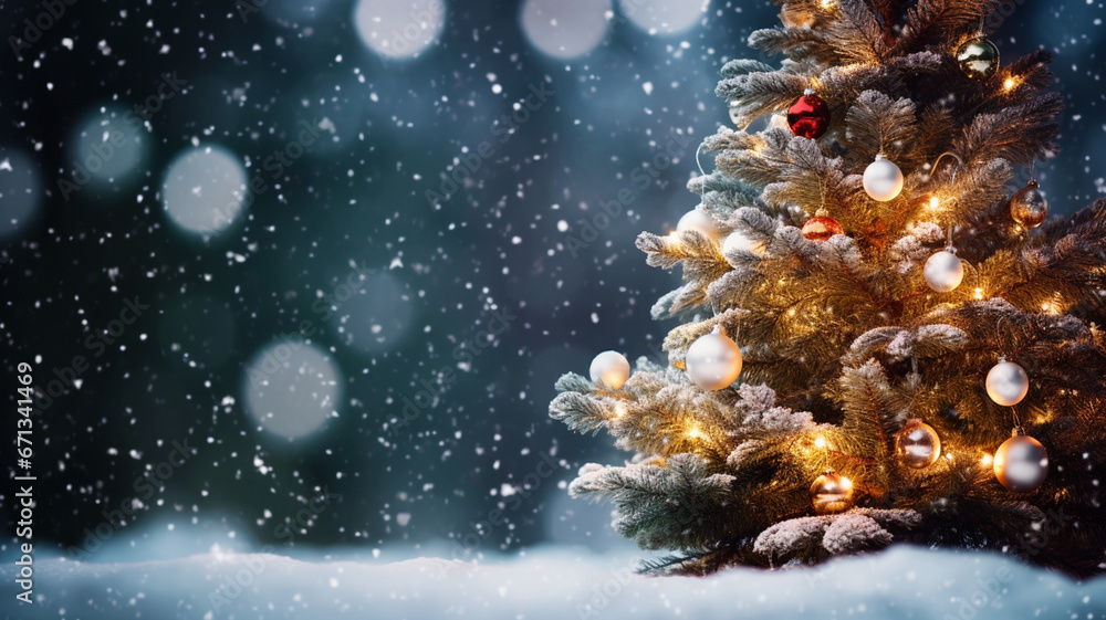 Christmas tree outside on a snowy night Christmas tree outside on a snowy night