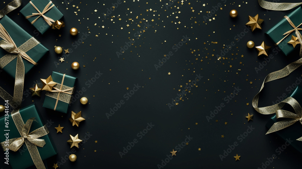 Christmas present gift boxes on a dark green background Christmas present gift boxes on a dark green background