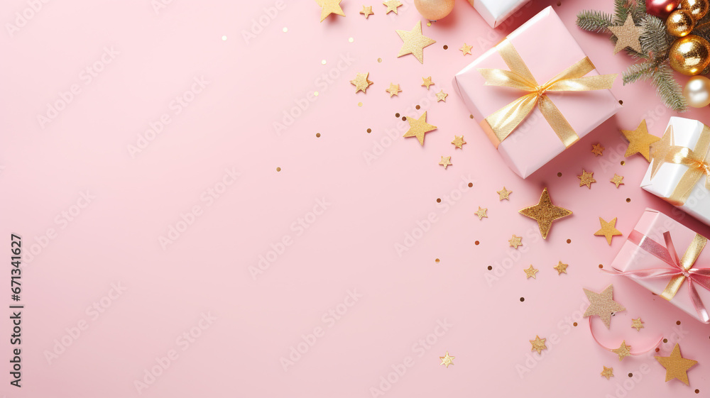 Christmas present gift boxes on a pastel pink background