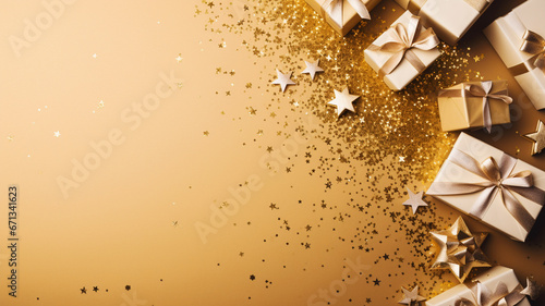 Christmas present gift boxes on a gold background