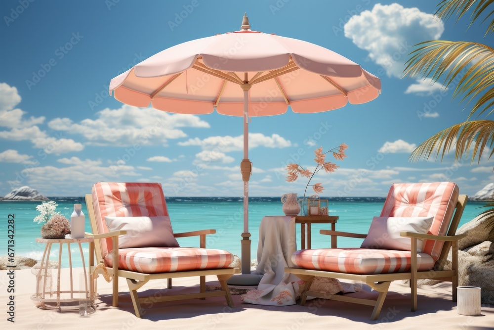 Beach yoga retreat with a beach umbrella, yoga props, and serene ocean views, offering a rejuvenating summer escape, Generative AI