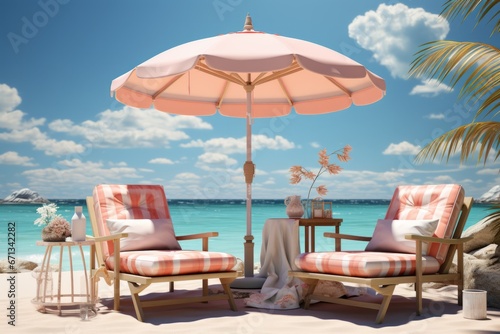 Beach yoga retreat with a beach umbrella  yoga props  and serene ocean views  offering a rejuvenating summer escape  Generative AI