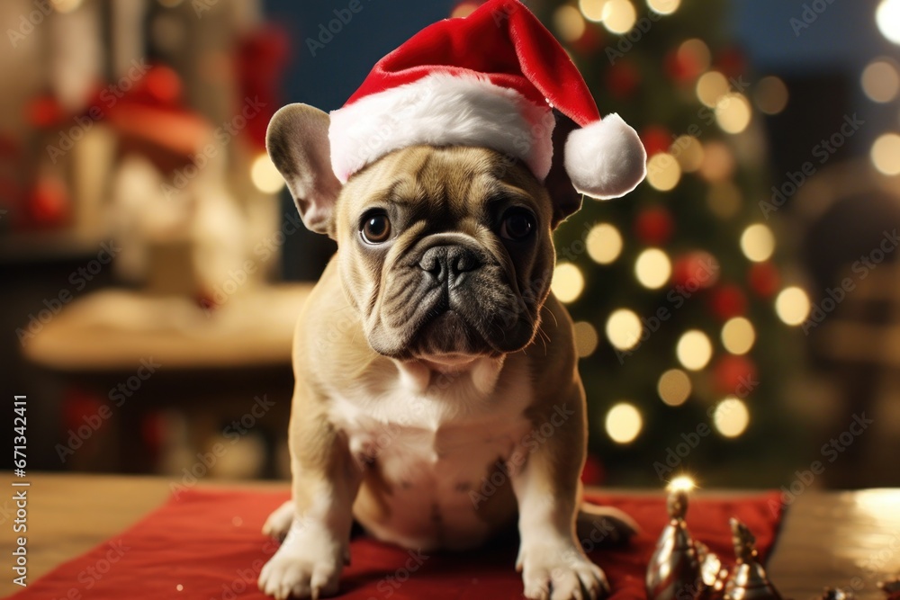 Portrait of cute dog, celebrating Christmas holidays wearing a red Santa Claus hat, AI Generative