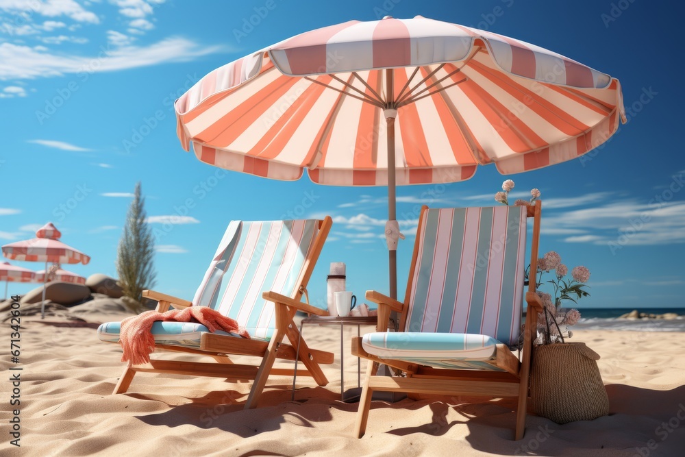 Serene beach setting with a beach umbrella, flip-flops, and a beach bag, epitomizing a tranquil beach vacation, Generative AI