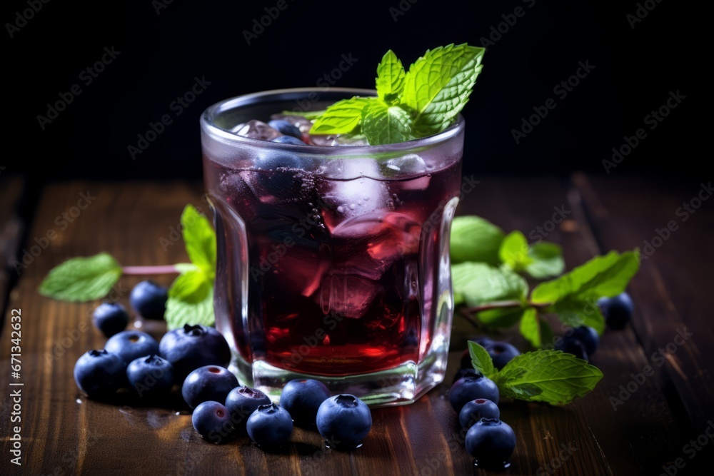 Morning sunshine illuminating a freshly prepared glass of blueberry mint tea on an old wooden table Morning sunshine illuminating a freshly prepared glass of blueberry mint tea on an old wooden table