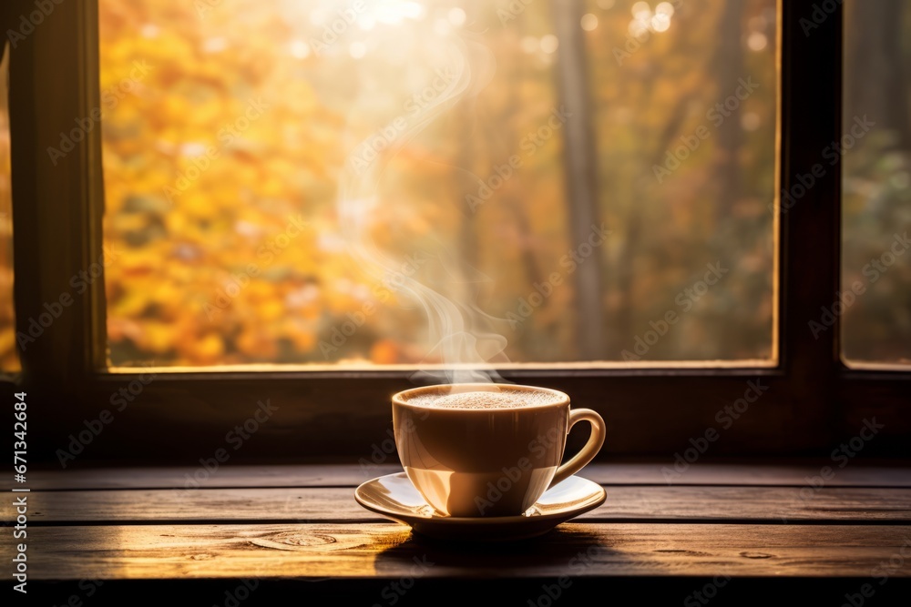 Morning tranquility captured with a hot cup of maple coffee bathed in soft daylight Morning tranquility captured with a hot cup of maple coffee bathed in soft daylight