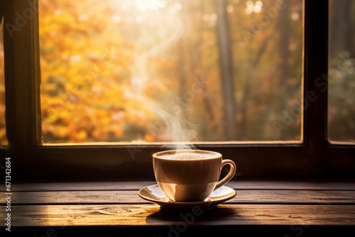 Morning tranquility captured with a hot cup of maple coffee bathed in soft daylight