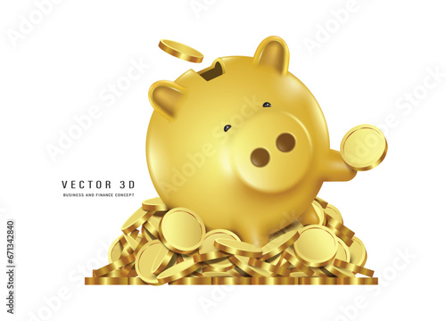 A gold piggy bank lies on pile of gold coins. Handing you gold coins or money For designs related to capital raising, saving money