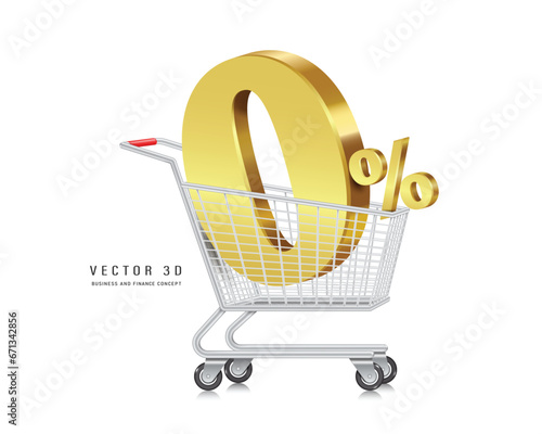 3D 0% gold numbers placed on shopping cart or trolley For designing promotions with no interest or no fee