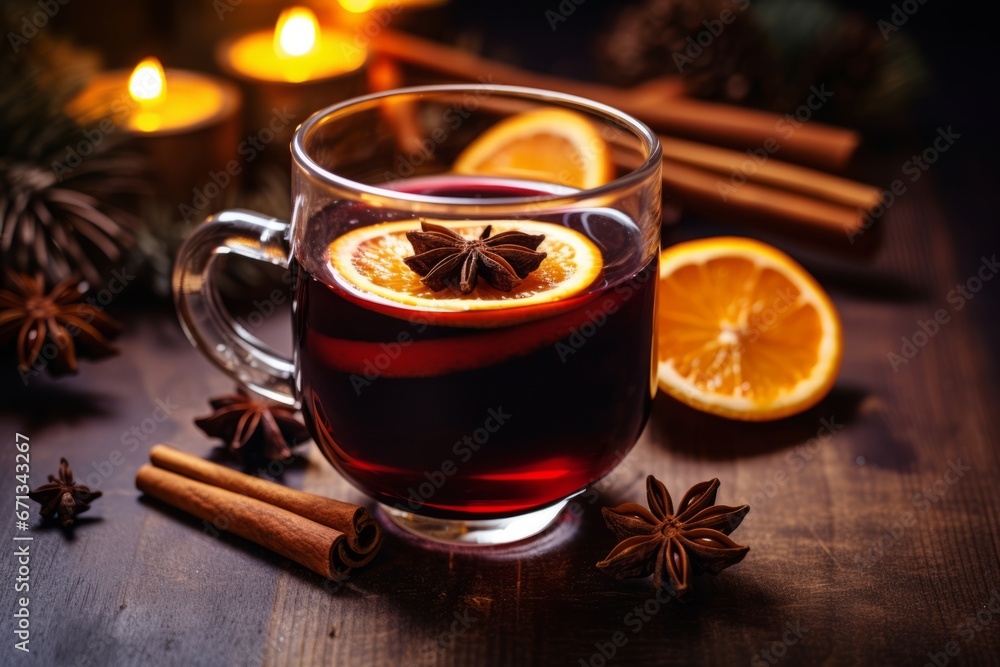 Enjoying a comforting evening with a glass of homemade non-alcoholic mulled wine adorned with orange and cinnamon Enjoying a comforting evening with a glass of homemade non-alcoholic mulled wine adorned with orange and cinnamon