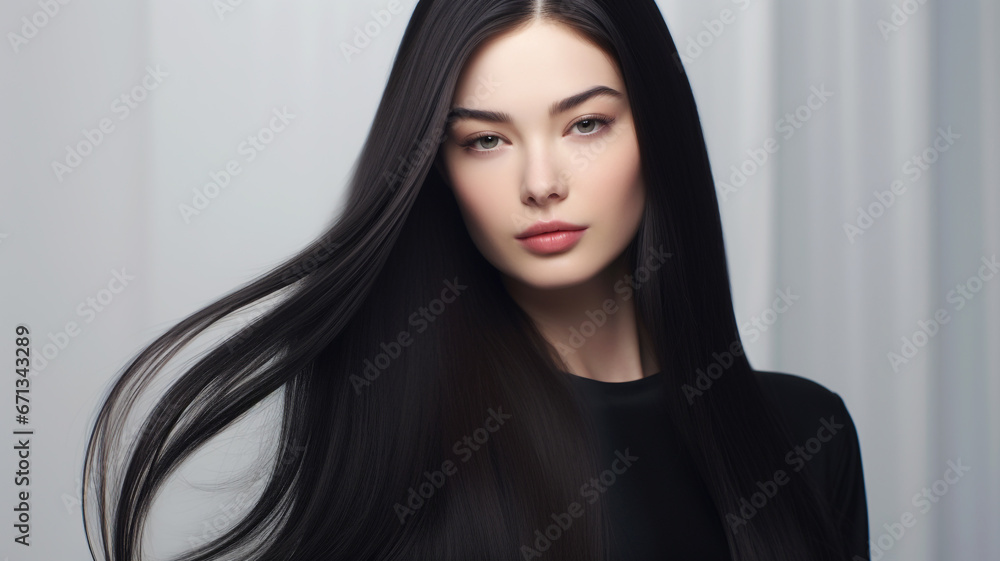 Haircare theme with woman with long black hair