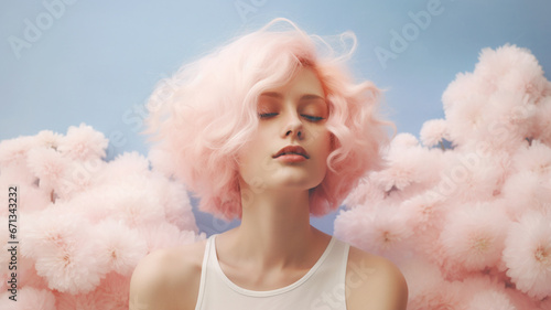 Beautiful woman and flowers in pastel colors