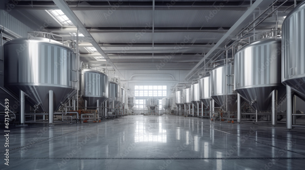 Obraz premium Brewery or alcohol production factory. Large steel fermentation tanks in spacious hall.