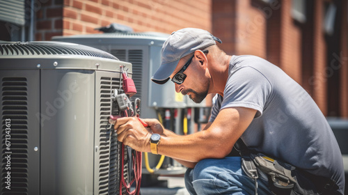 A technician working on air conditioning outdoor unit.