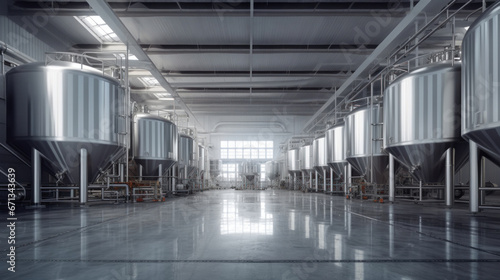 Brewery or alcohol production factory. Large steel fermentation tanks in spacious hall.