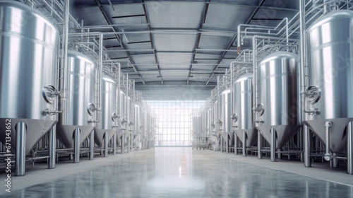 Brewery or alcohol production factory. Large steel fermentation tanks in spacious hall. photo
