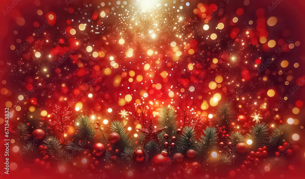 Christmas background with red balls and bokeh lights. Generative ai.