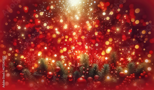 Christmas background with red balls and bokeh lights. Generative ai.
