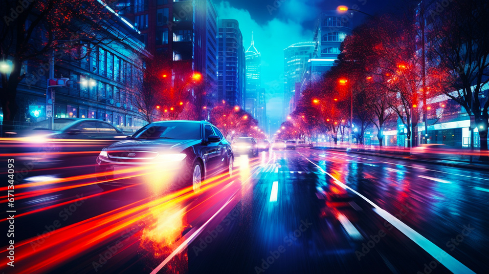Street traffic in the city at dusk in the rain Street traffic in the city at dusk in the rain