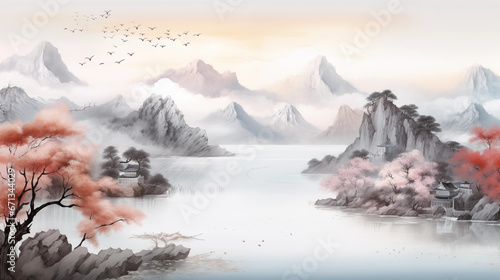 landscape with lake chinese Ink wash painting