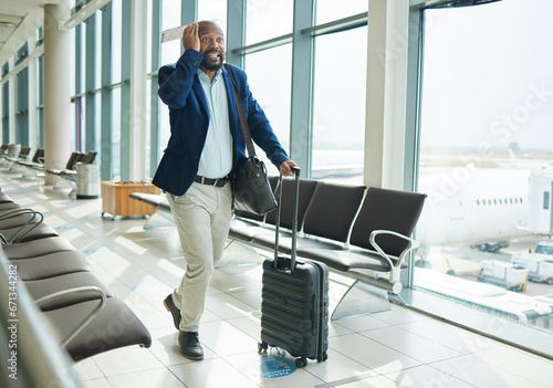 Airport, late and running black man for business flight, plane journey and travel terminal. Businessman, hurry and rush to board airplane with anxiety, stress and fast walking with suitcase luggage