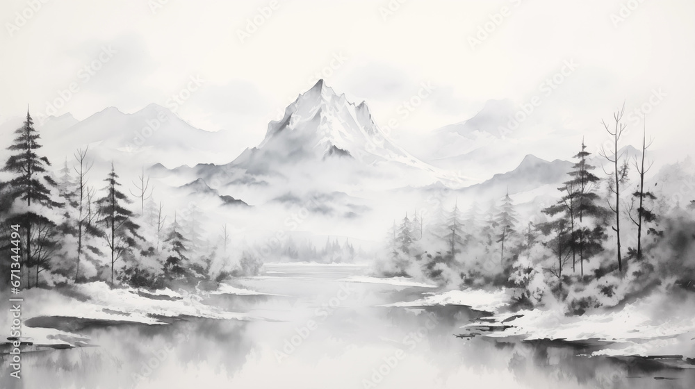 mountain snow and river chinese Ink wash painting