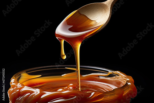 Liquid sweet melted caramel, delicious caramel sauce or maple syrup swirl