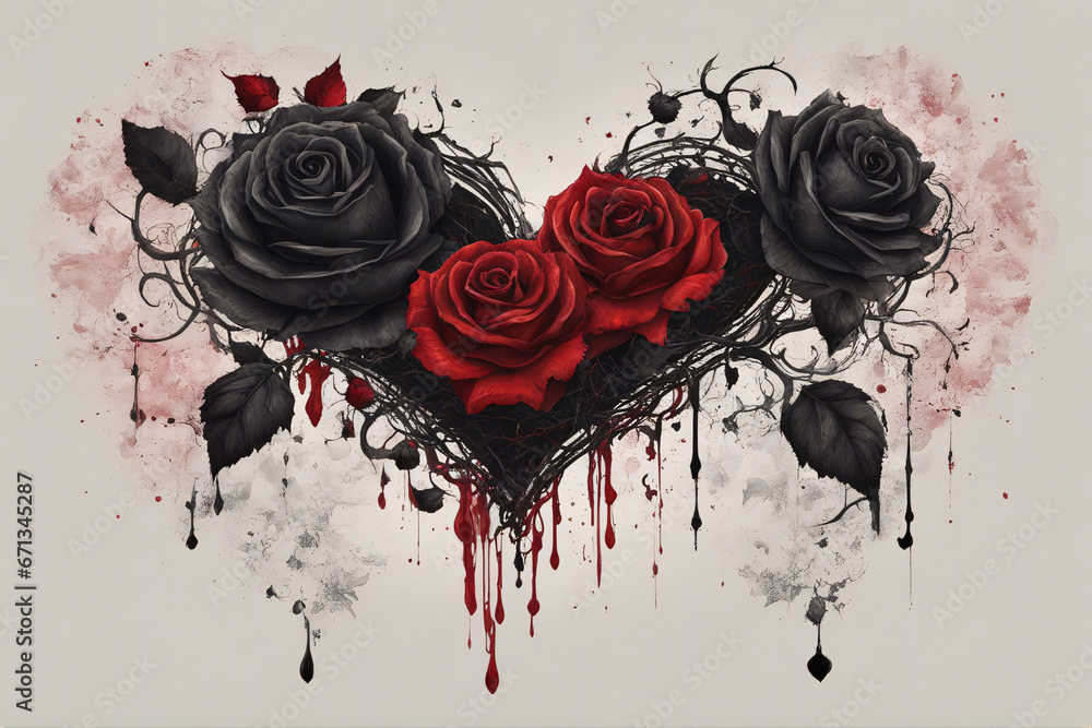 A heart made with black and red roses, blood dripping. - obrazy, fototapety, plakaty 