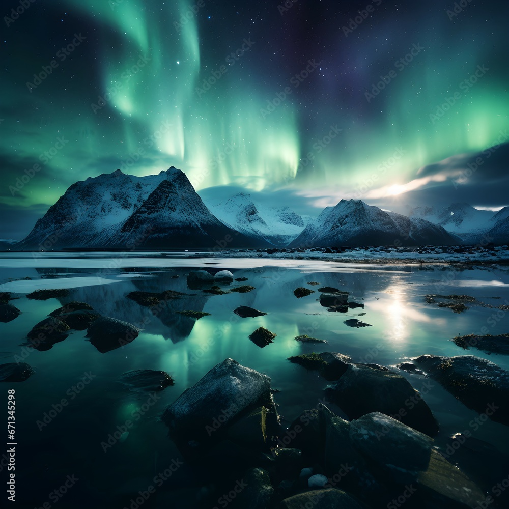 Aurora Borealis Known as Nother Lights Playing with Vivid Colors Over Lofoten Islands in Norway.