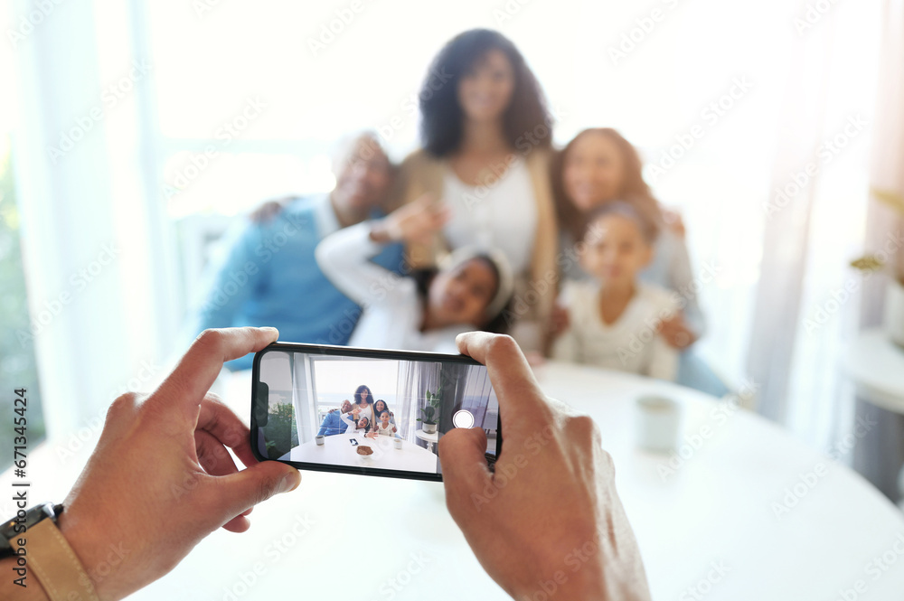 Smartphone photography, screen and hands with family at home, taking picture and memory with love and care. Technology, closeup and people together with focus, lens and photographer, app and phone