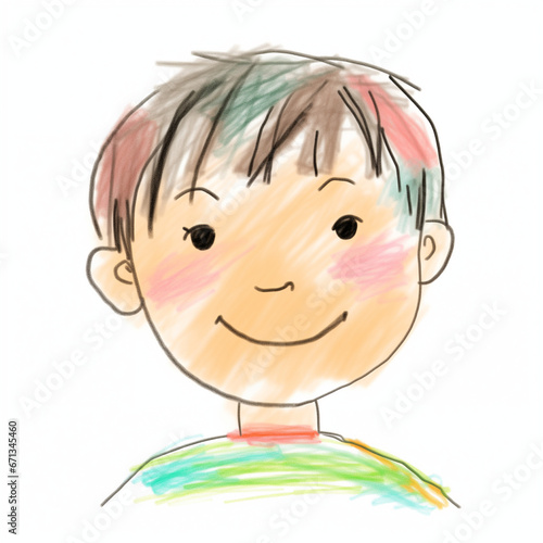 The boy with short black hair, child's drawing on white paper