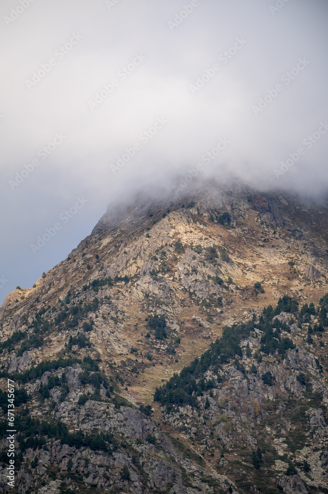 Mountain with fog in the Pyrenees in Andorra.