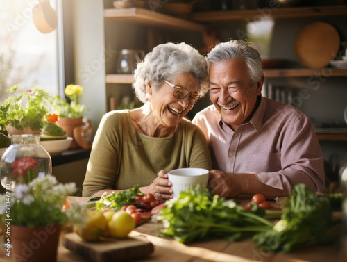 Elderly couple smiling while cooking together in the kitchen