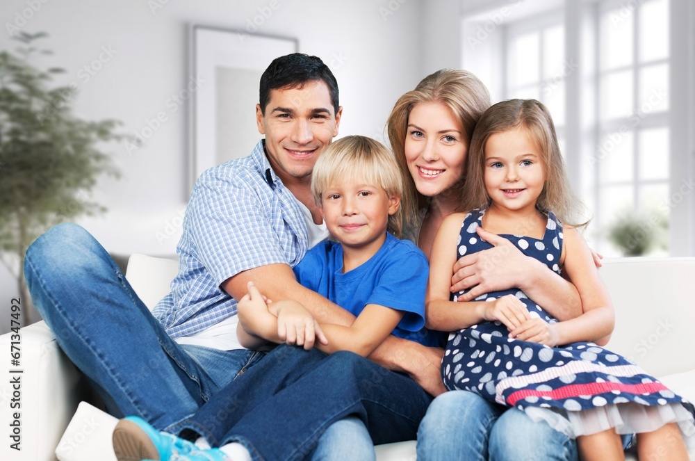 Happy young parents and kids resting at home, AI generated image Happy young parents and kids resting at home, AI generated image